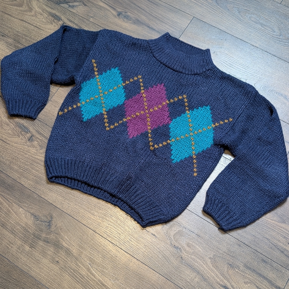 Currants‎ By Jeri Jo Navy Argyle Turtleneck Vintage Style Sweater Size Small